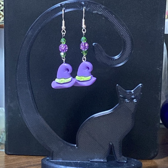 Hand Crafted Jewelry - Hand Crafted Halloween Witch’s Hat Earrings W/Green & Purple Glass Faceted Beads